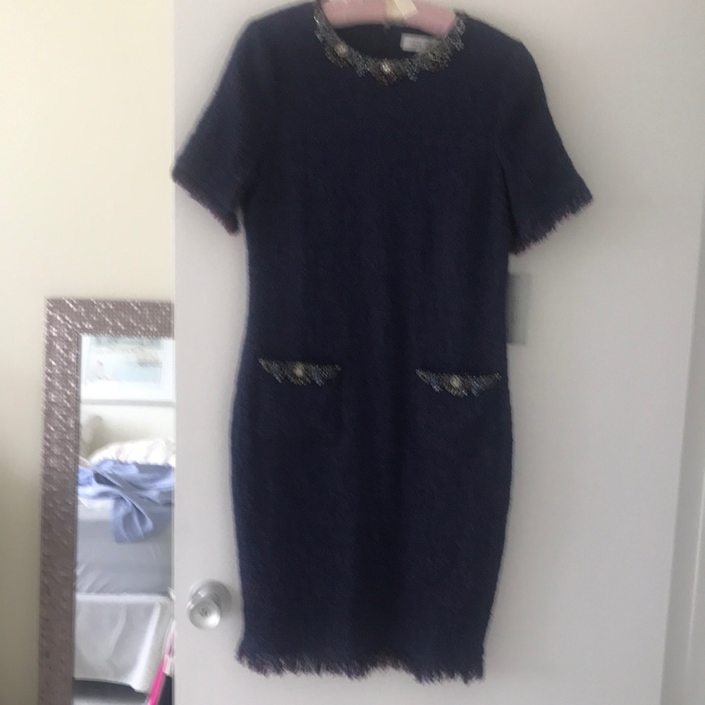 RickieFreeman dress. Size 12. Navy red jeweled neck/pockets. Lined. Never worn.